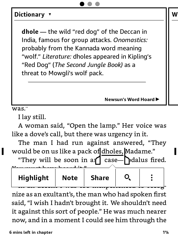 screenshot of Kindle page with dholes definition on top